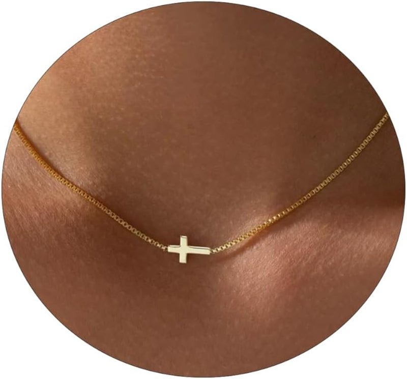 VIROMY Gold Cross Necklace for Women 14K Gold Plated Cute Sidways Cross Pendant Choker Necklaces Simple Trendy Everyday Jewelry for Women - Image 1
